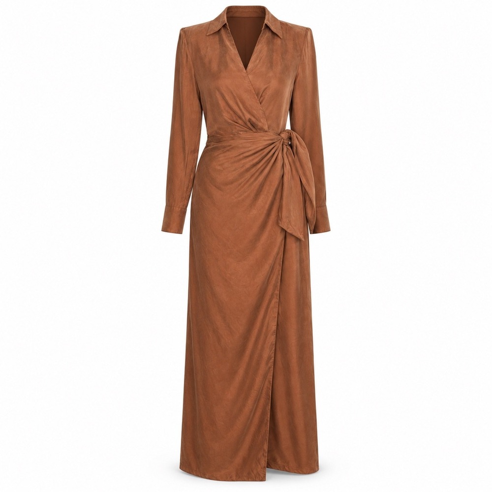 DISSH Wrap Dress US 4 Tan Sasha Quiet Luxury Maxi Shoulder Pads Wedding Guest